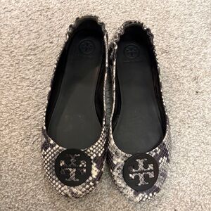 Tory Burch Snake-Print Reva Flats in Black and Gray